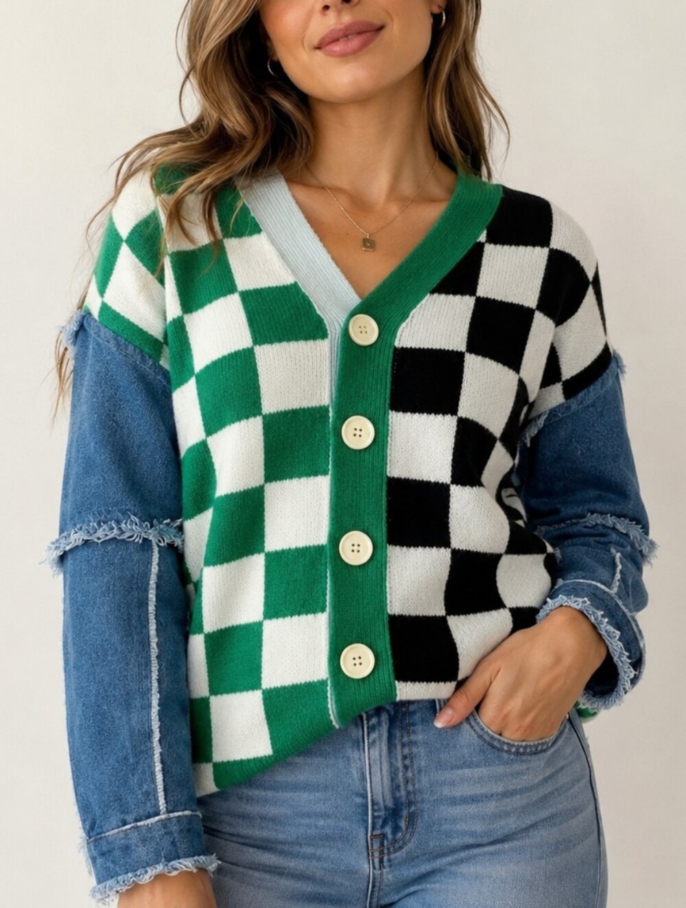 ILLA ILLA Checkerboard Button-Front Cardigan‎ With Denim Sleeves Sz S/M NWOT